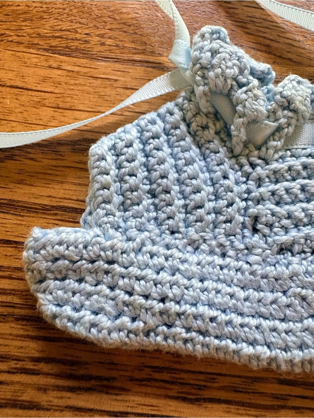 VTG Handmade Baby Crochet Booties without toes in Light Blue w/ Ribbon